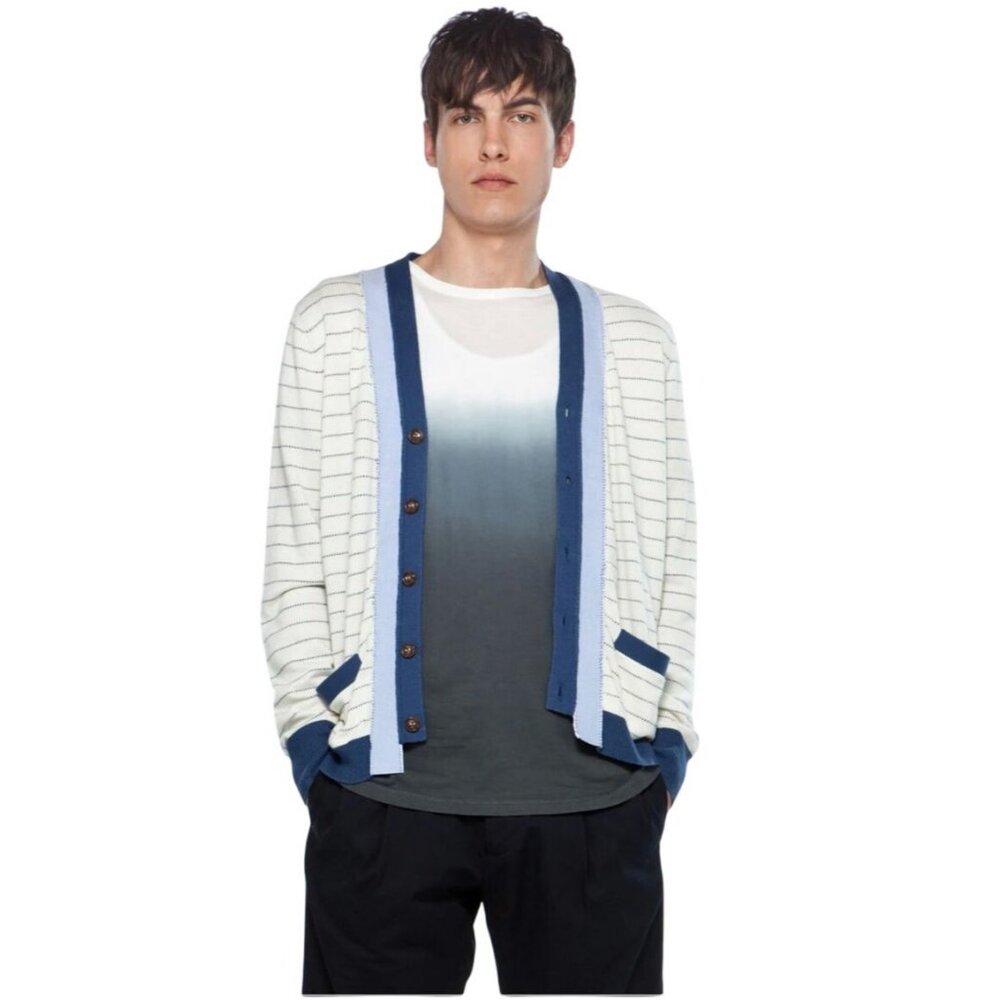 Wendi Reed Cashmere Cotton Cardigan Sweater S Stripe Button V-Neck Quiet Luxury